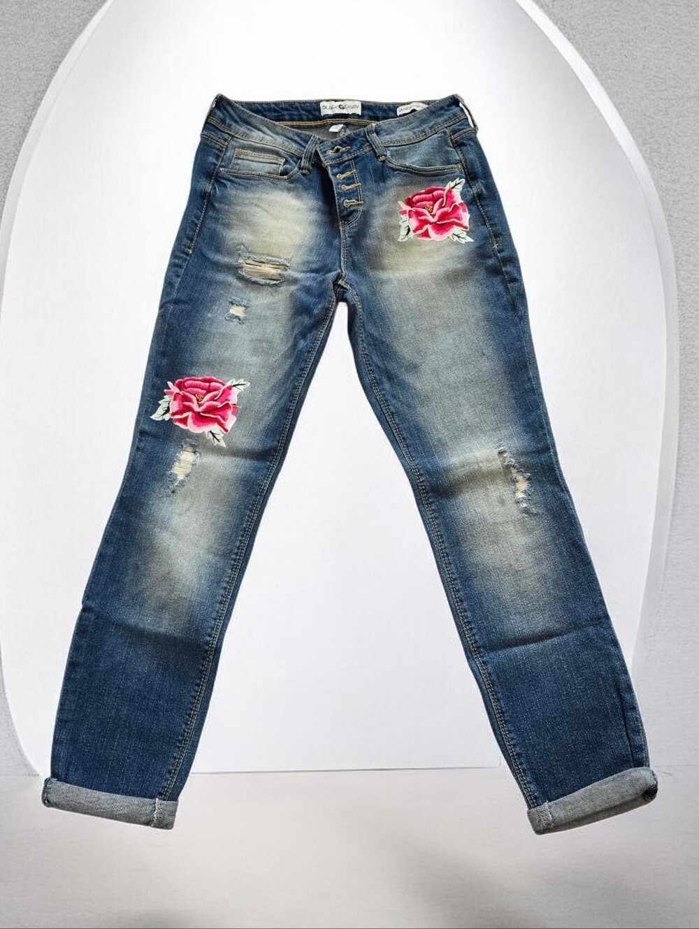 Black Daisy Jamie Relaxed Skinny Distressed Jeans with Rose Appliqué